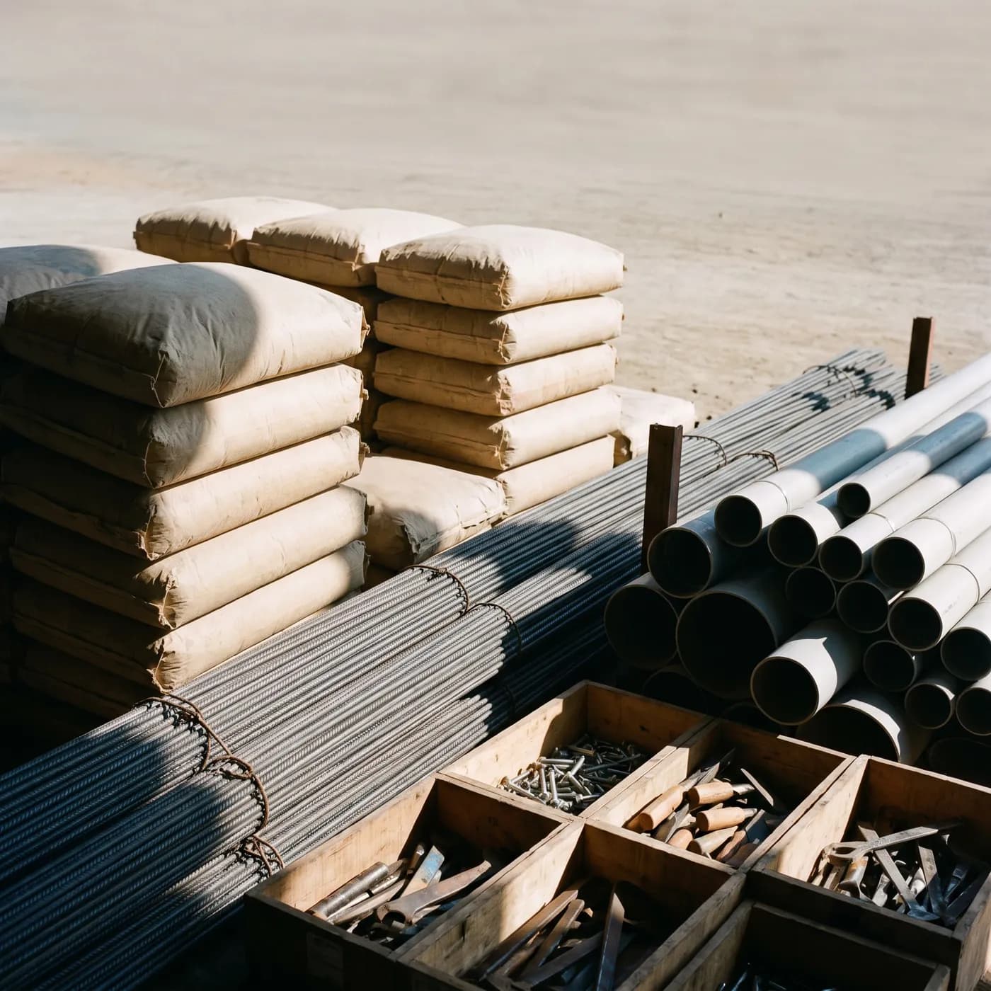 Cement bags, steel rebar, pipes and hardware at a site store