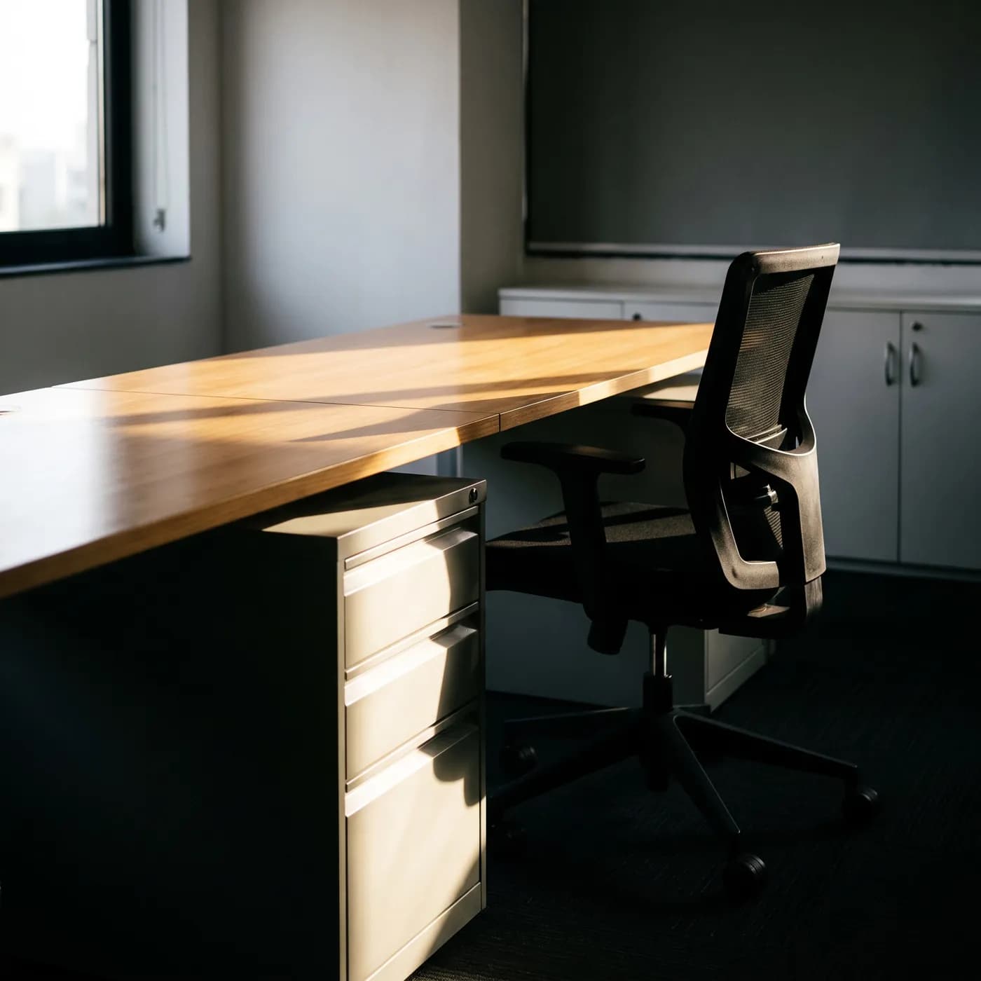 A desk, office chair and filing cabinet in a Government office