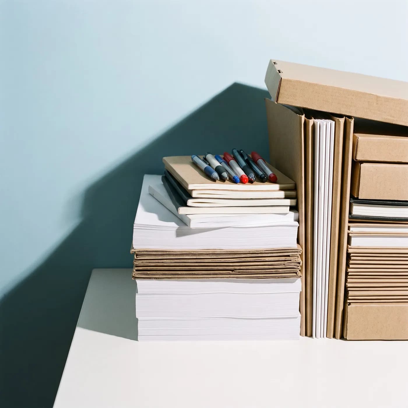 Reams of paper, notebooks, files and pens