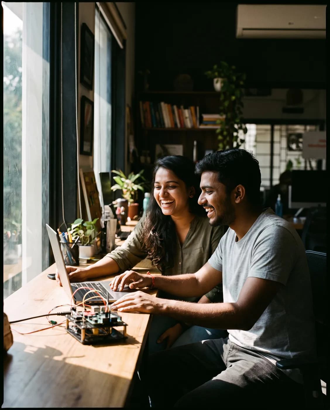 Two startup founders working on a prototype