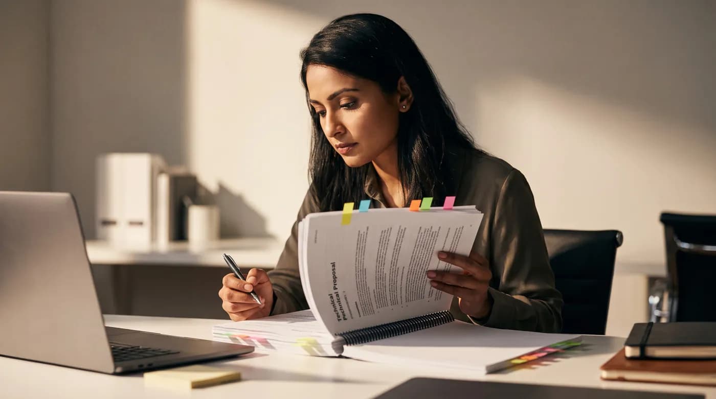 A Tender Expert reviewing a bound technical proposal